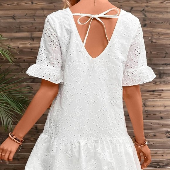 White Boho Womens Eyelet Embroidery Flounce Sleeve Ruffle Hem Smock Dress - Picture 3 of 4